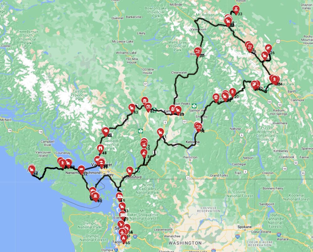 Map for Seattle Roundtrip - North - Incl Rocky mountains  Vancouver Island